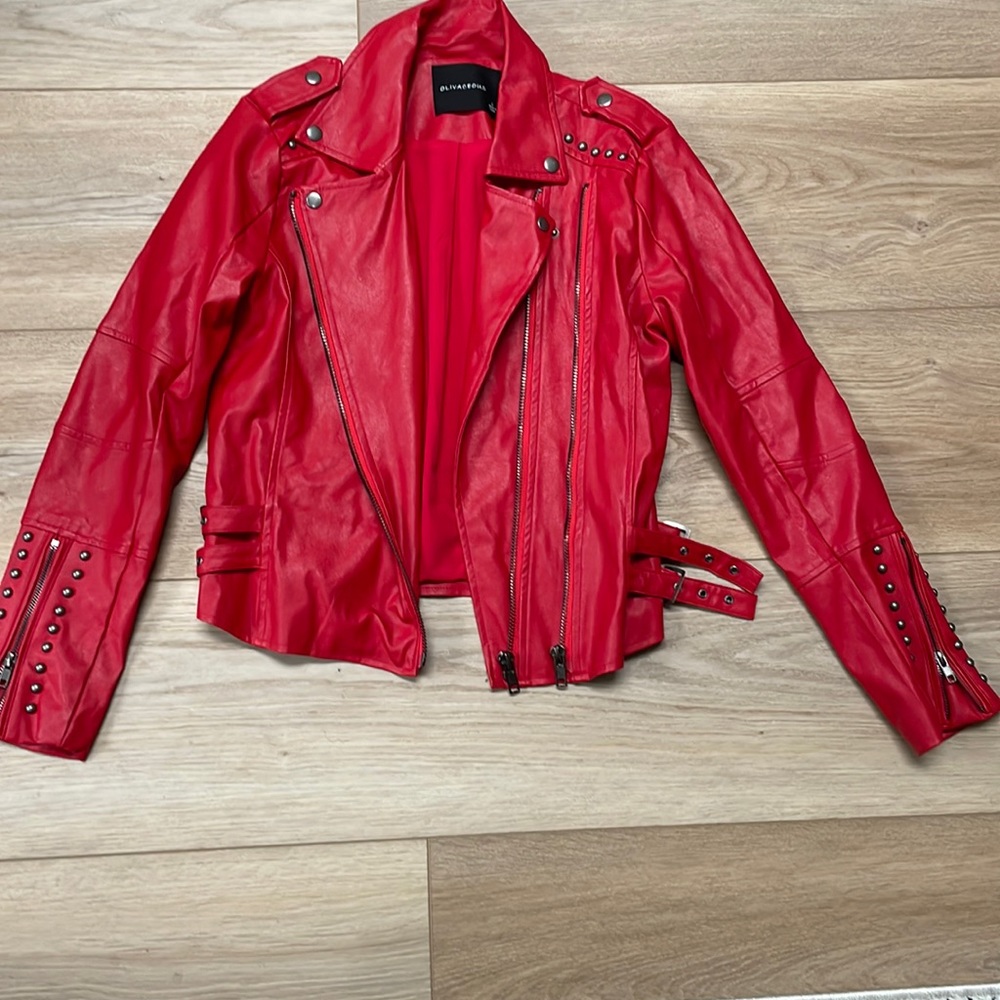 Ladies vegan leather red motorcycle jacket
